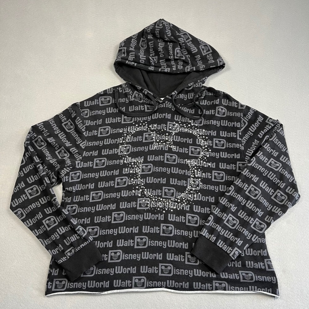 Walt Disney World Park Mickey All Over Print Rhinestone Hoodie Medium Black Gray